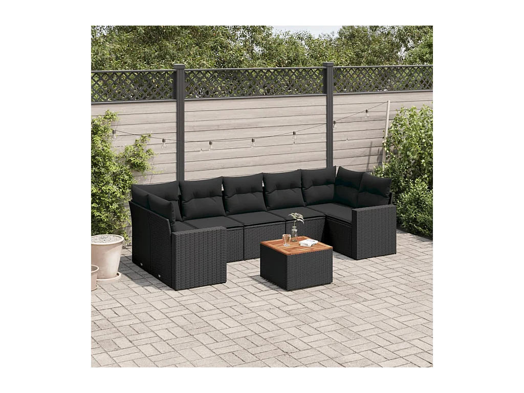 8-delige Loungeset met kussens poly rattan zwart