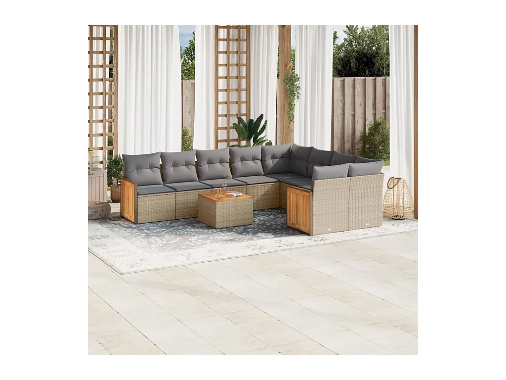 Salon de jardin avec coussins 10 pièces beige résine tressée