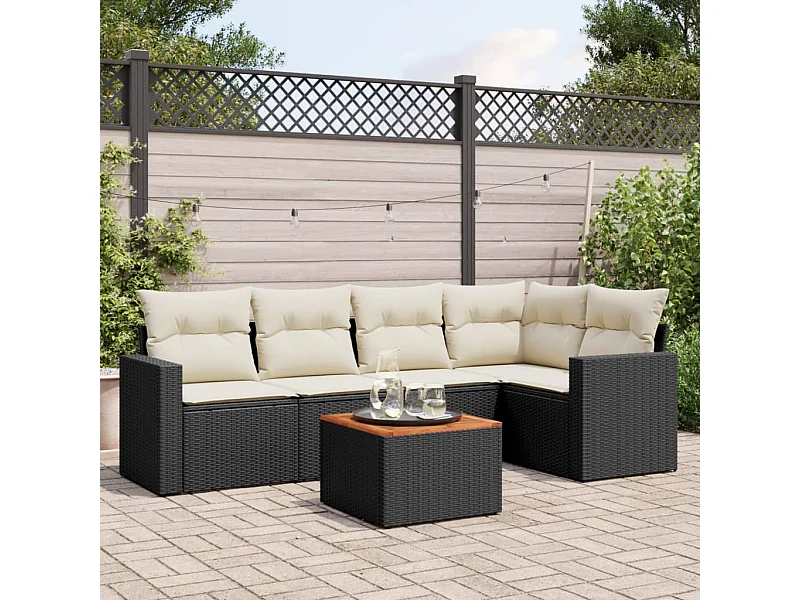 Salon de jardin 6 pièces avec coussins noir résine tressée