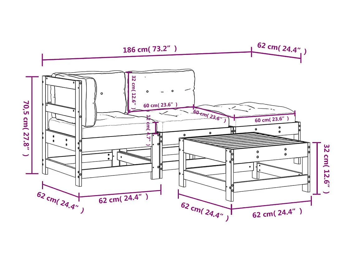 Salon de jardin 4 pièces avec coussins bois de pin imprégné