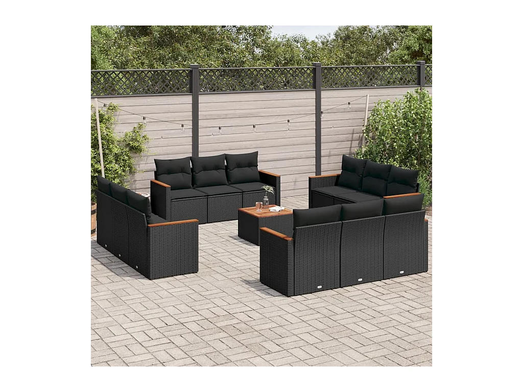 Salon de jardin avec coussins 13 pièces noir résine tressée