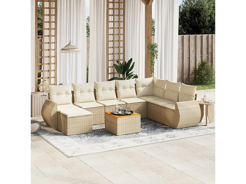 Set de sofás de jardín 9 piezas con cojines ratán sintético beige