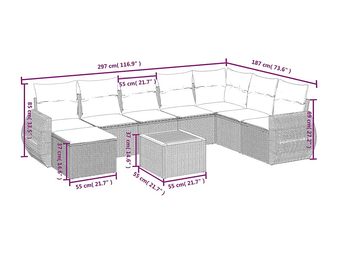 Set de sofás de jardín 9 piezas con cojines ratán sintético beige