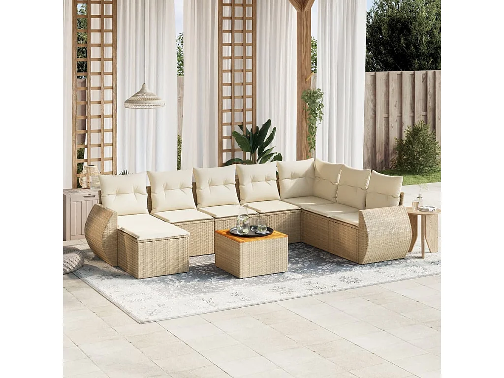 Set de sofás de jardín 9 piezas con cojines ratán sintético beige