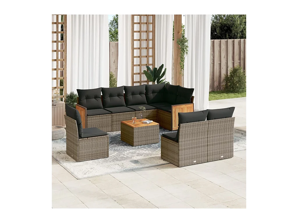 Salon de jardin 9 pièces avec coussins gris résine tressée