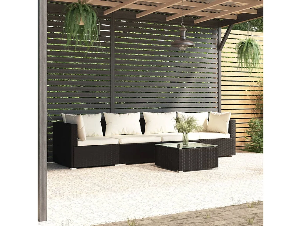 5 peças conjunto lounge de jardim c/ almofadões vime PE preto