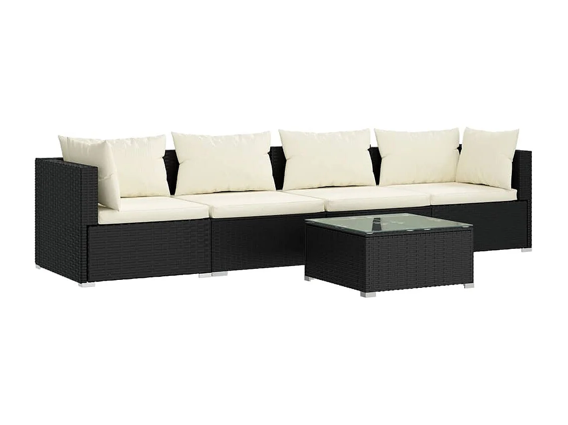 5 peças conjunto lounge de jardim c/ almofadões vime PE preto