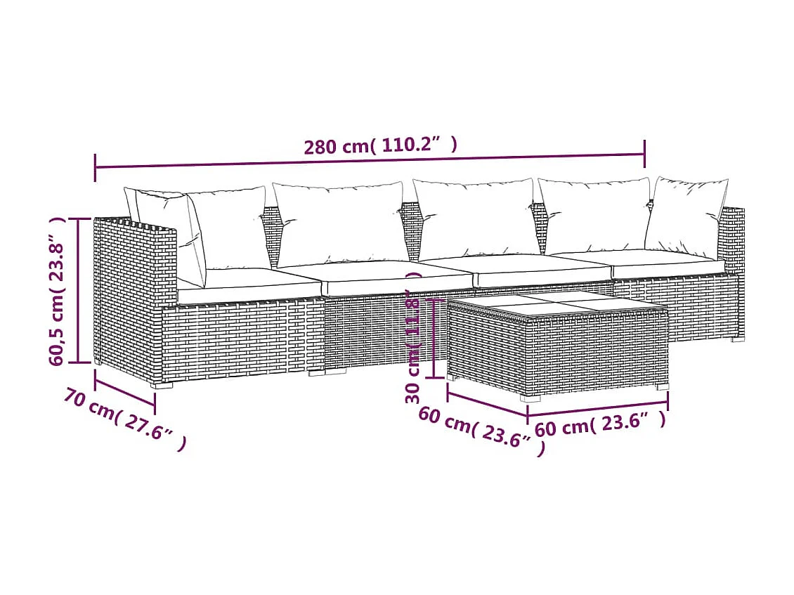 5 peças conjunto lounge de jardim c/ almofadões vime PE preto