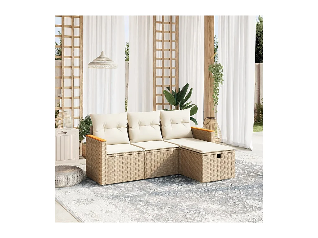 Salon de jardin avec coussins 4 pièces beige résine tressée