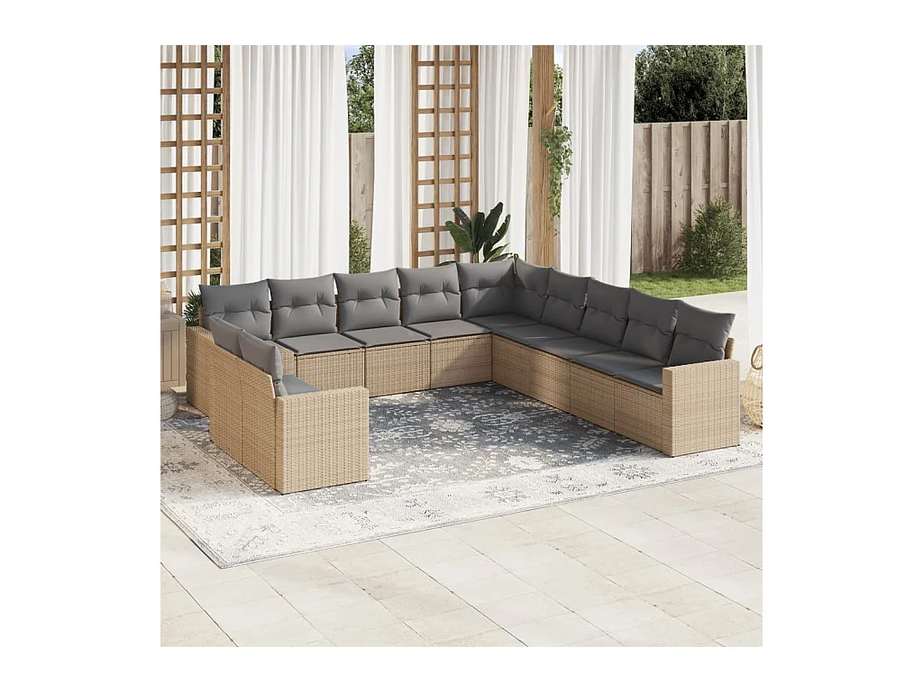 Salon de jardin 11 pièces avec coussins beige résine tressée