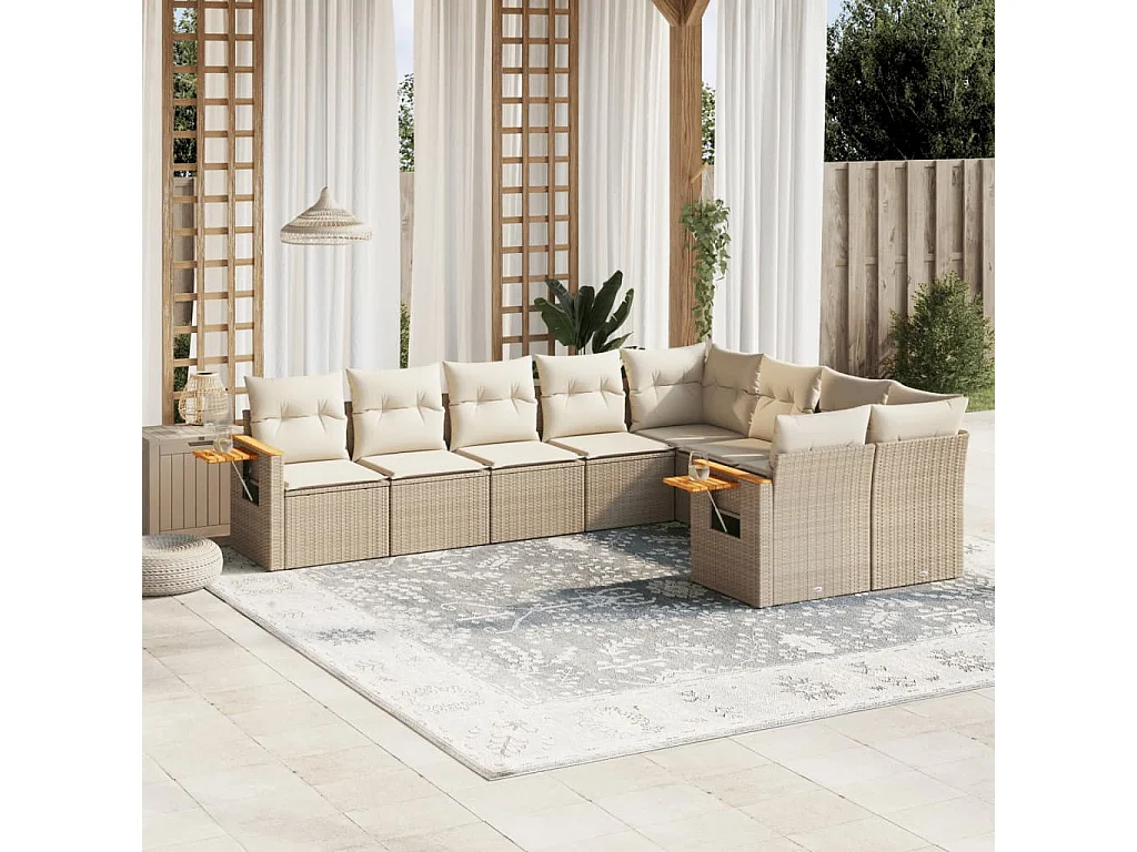 Salon de jardin avec coussins 9 pièces beige résine tressée