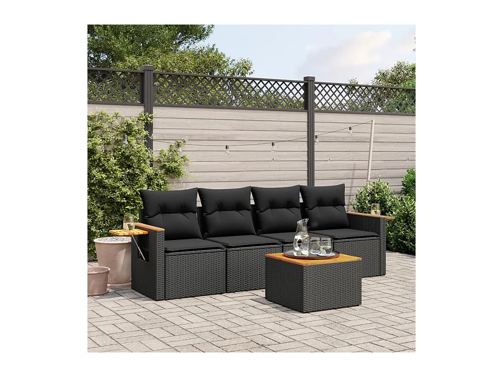 Salon de jardin 5 pièces avec coussins noir résine tressée