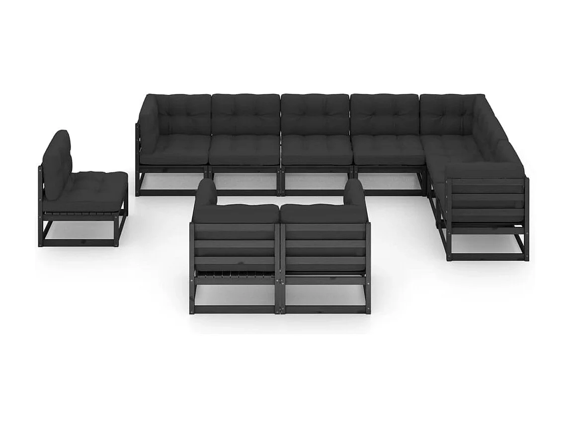 10 peças conjunto lounge jardim c/ almofadões pinho maciço preto