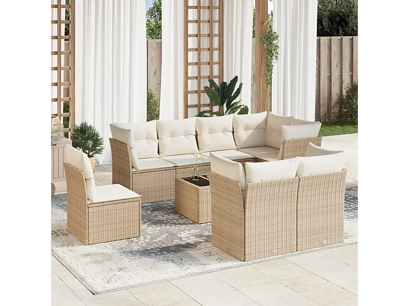 Salon de jardin avec coussins 9 pièces beige résine tressée
