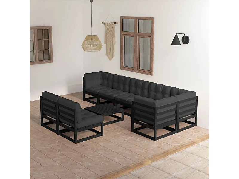 Juego de muebles de jardín 9 piezas y cojines madera maciza pino