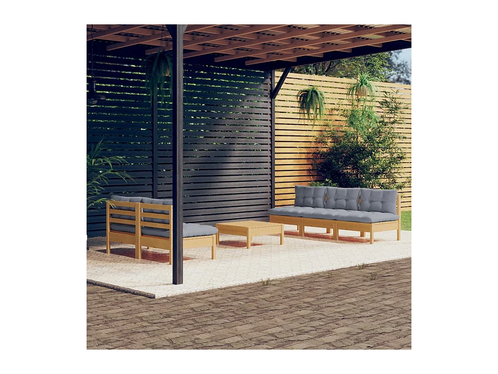 Salon de jardin 6 pièces avec coussins gris bois de pin