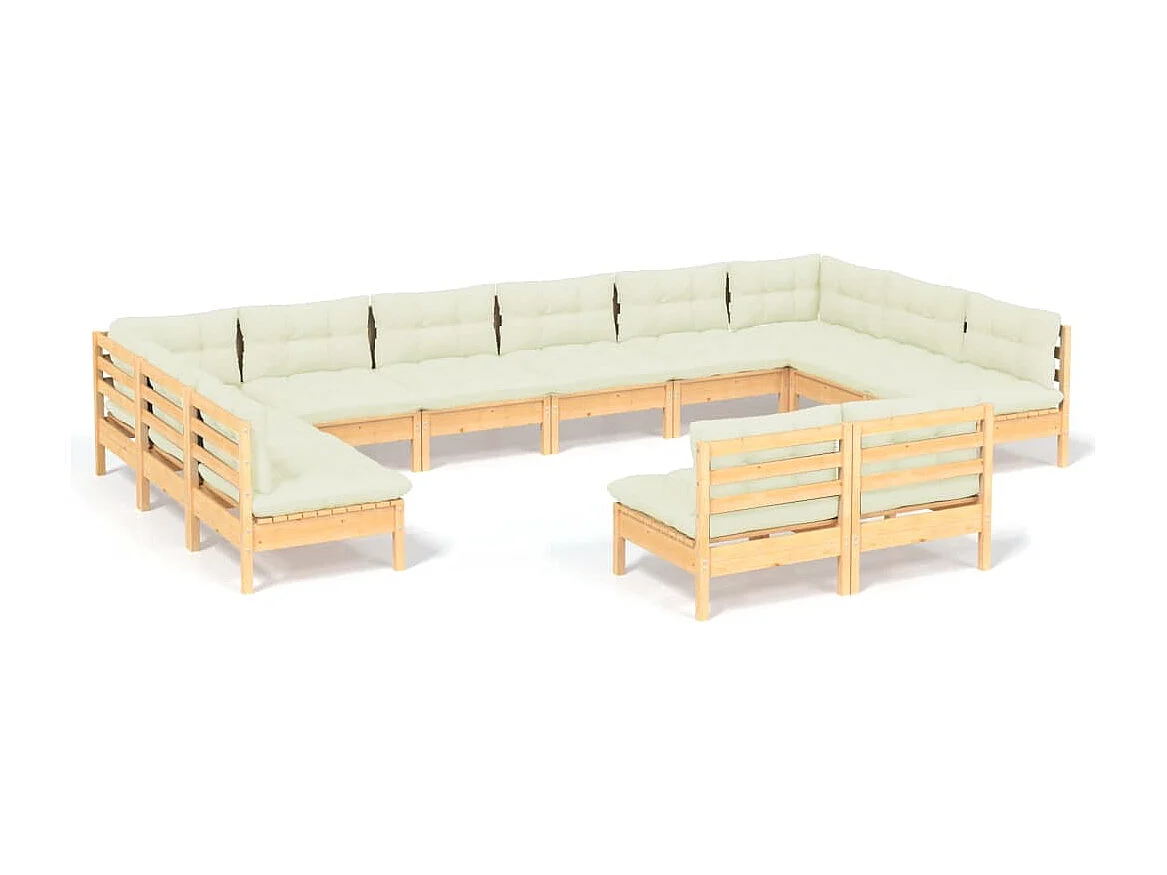Salon de jardin 12 pièces avec coussins crème Bois de pin massif