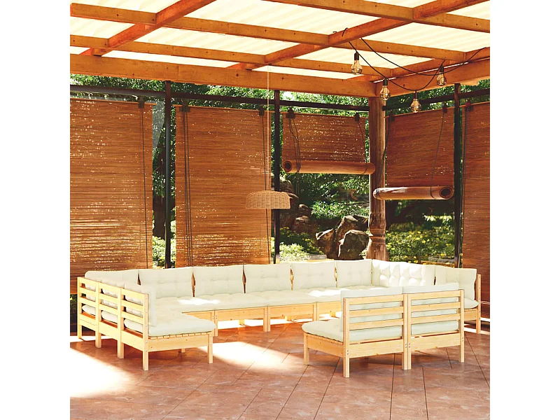 Salon de jardin 12 pièces avec coussins crème Bois de pin massif