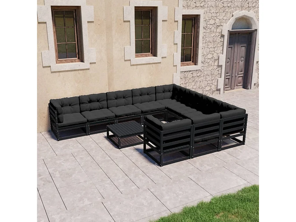 11 peças conjunto longue jardim c/ almofadões pinho maciço preto