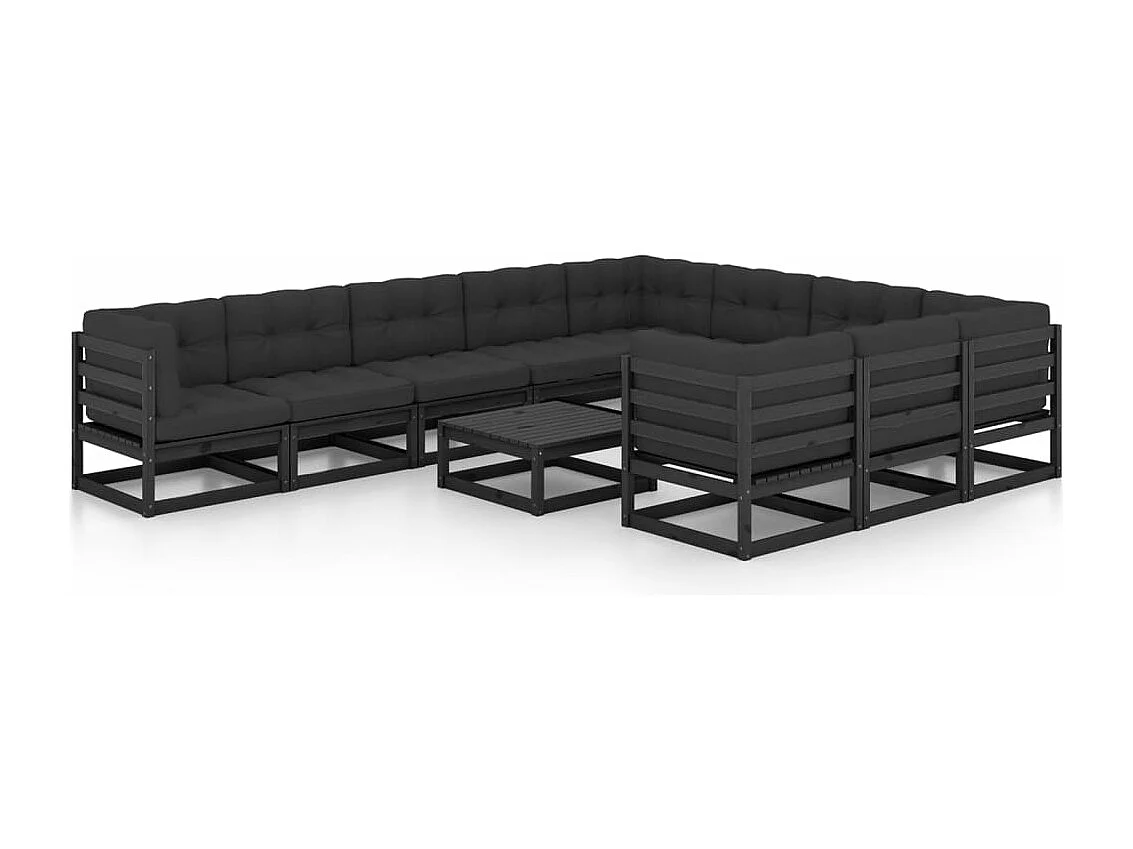 11 peças conjunto longue jardim c/ almofadões pinho maciço preto