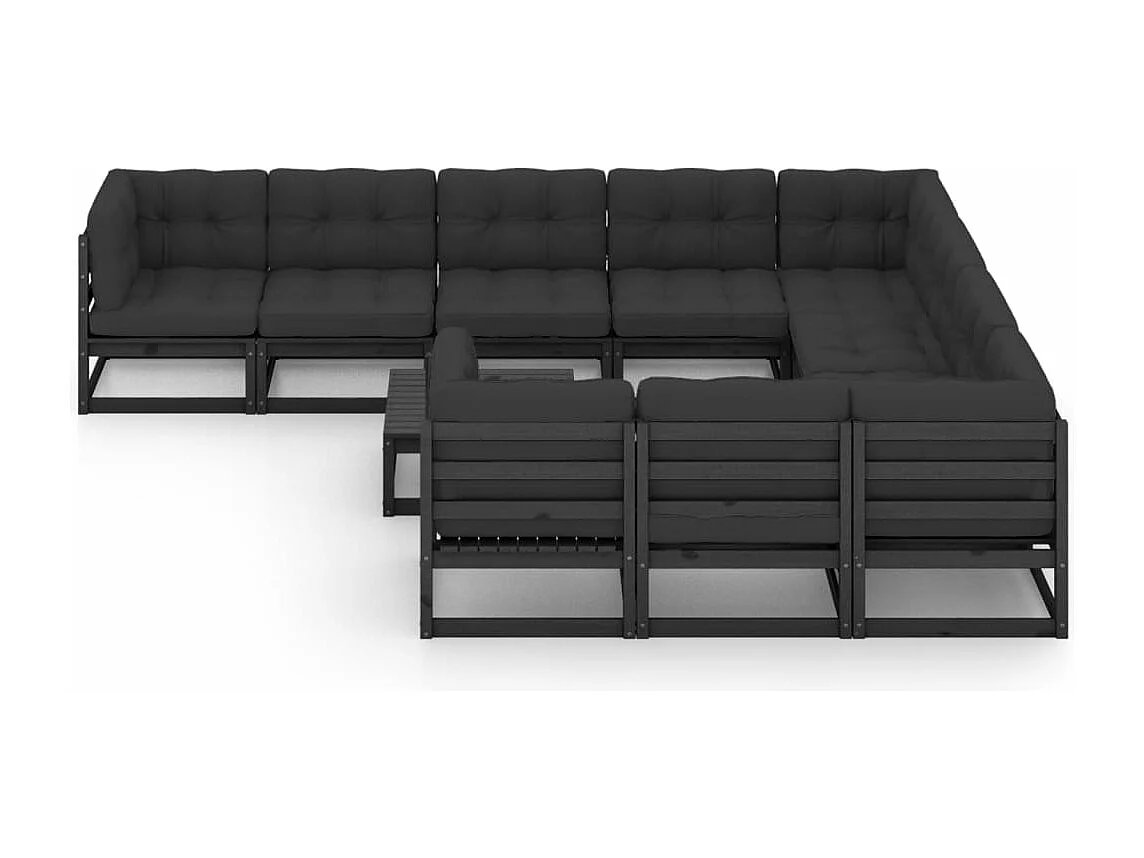11 peças conjunto longue jardim c/ almofadões pinho maciço preto