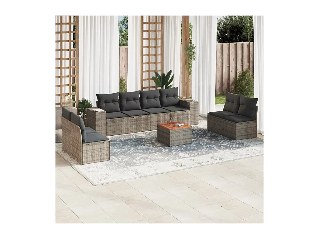 Salon de jardin 9 pièces avec coussins gris résine tressée