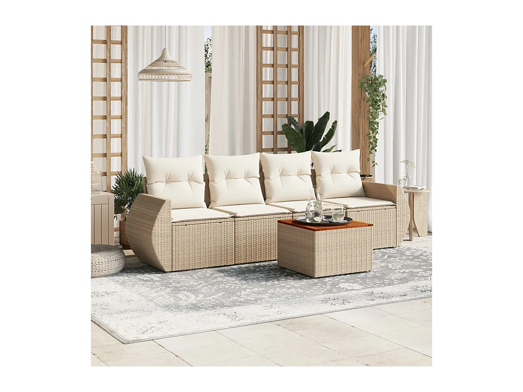 5-delige Loungeset met kussens poly rattan beige