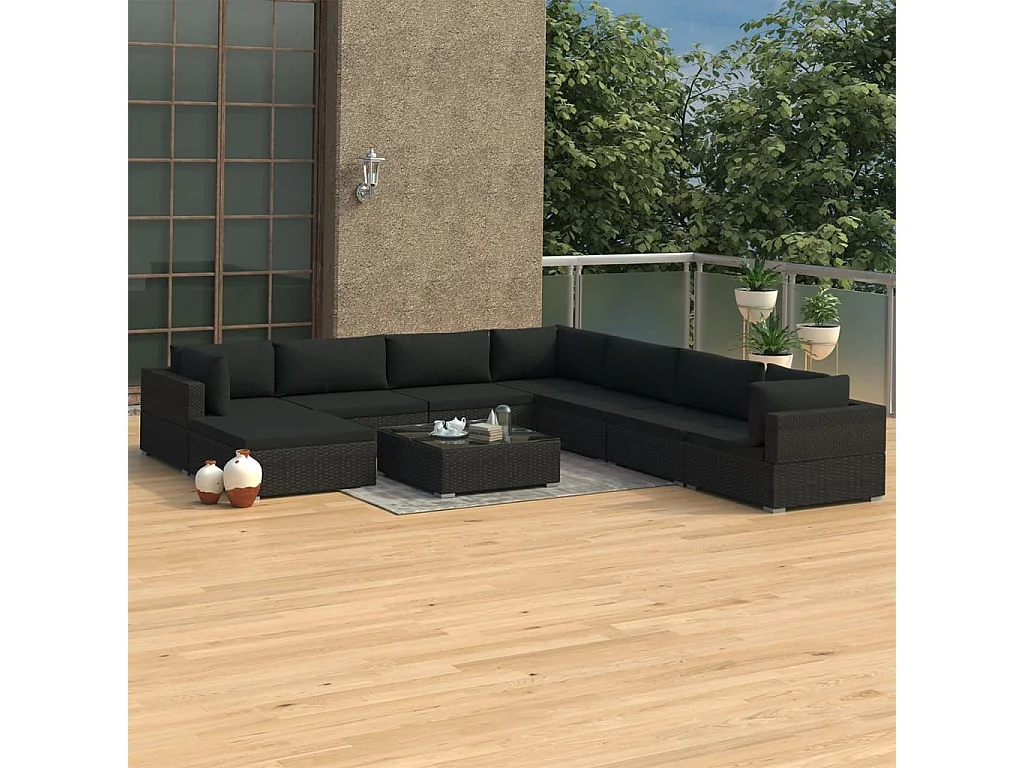 Salon de jardin 9 pièces avec coussins Résine tressée Noir
