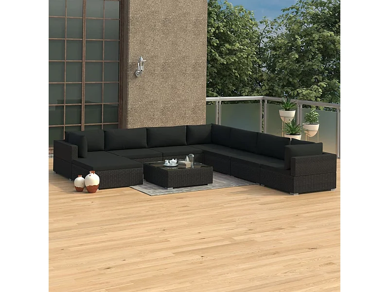 Salon de jardin 9 pièces avec coussins Résine tressée Noir