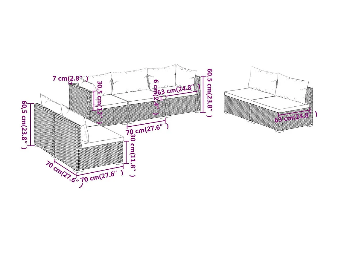 7-delige Loungeset met kussens poly rattan bruin