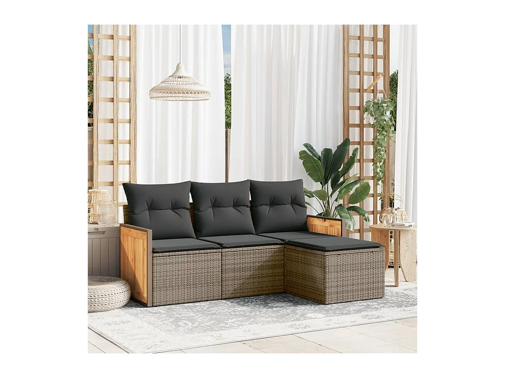 Salon de jardin 4 pièces avec coussins gris résine tressée