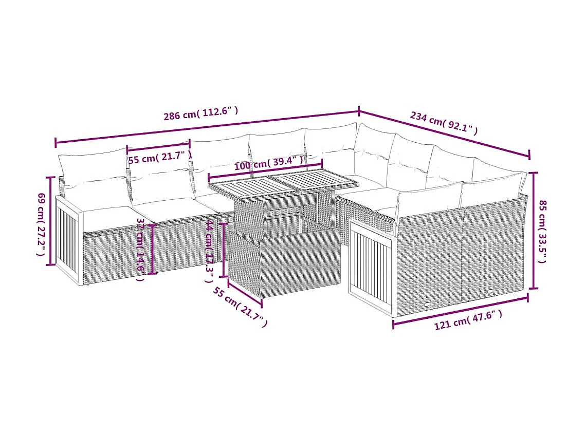10-delige Loungeset met kussens poly rattan zwart