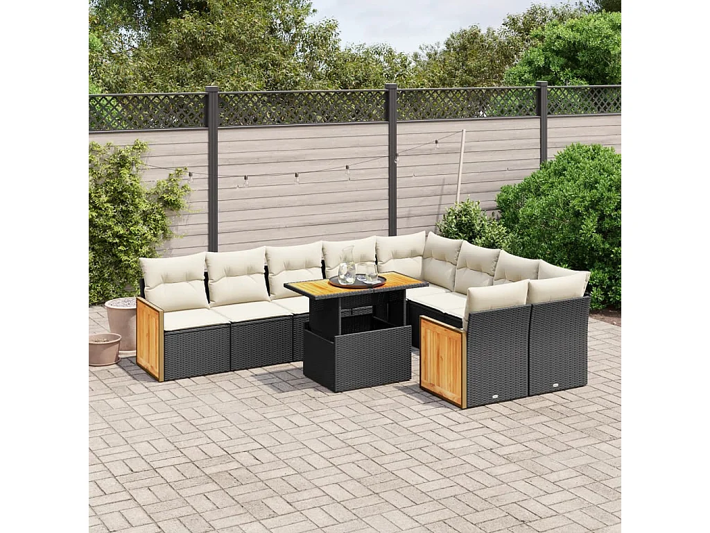 10 peças conjunto sofás de jardim c/ almofadões vime PE preto