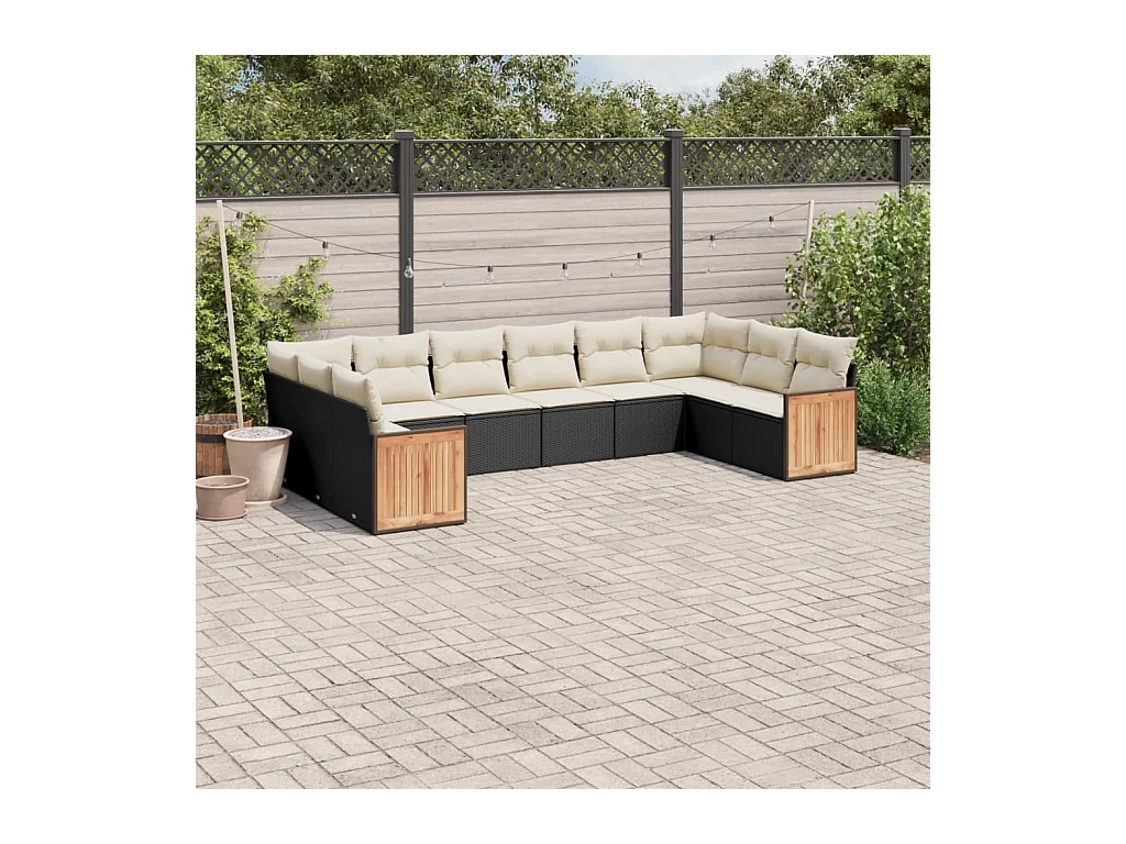 10-delige Loungeset met kussens poly rattan zwart
