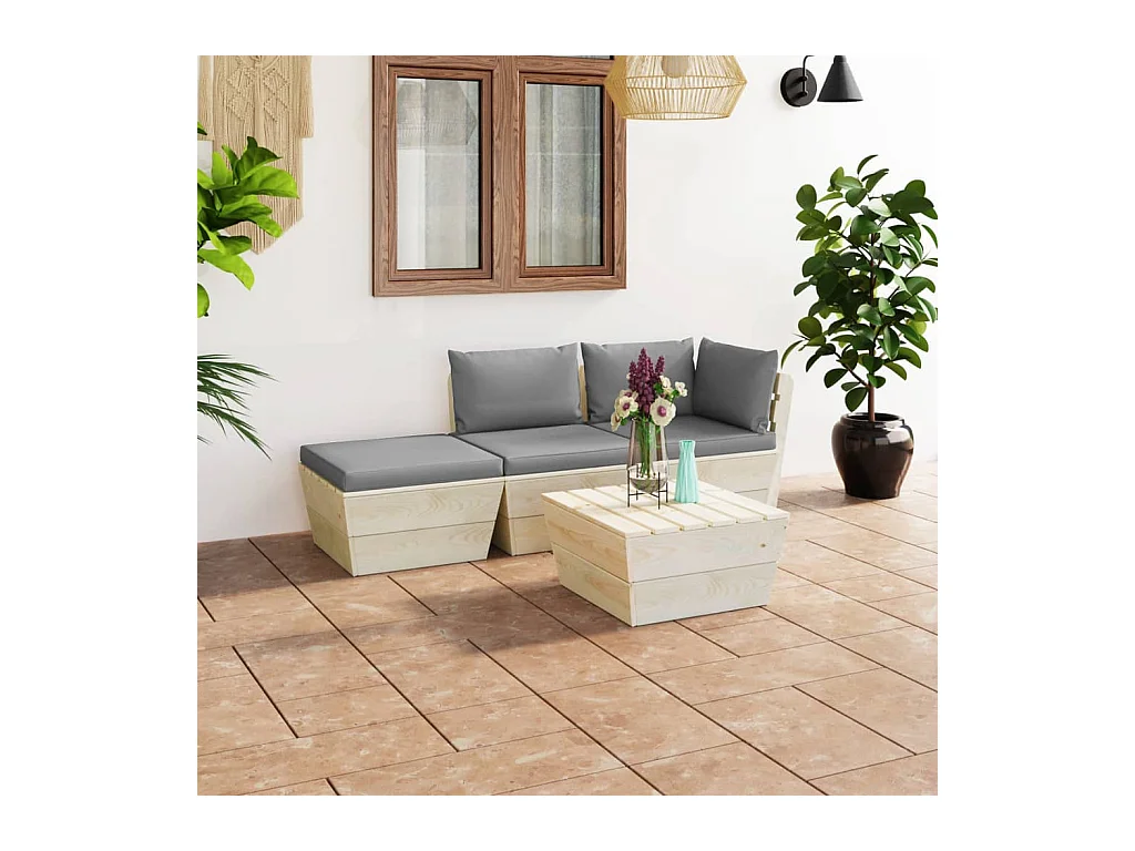 Muebles de jardín de palets 4 piezas y cojines madera de abeto