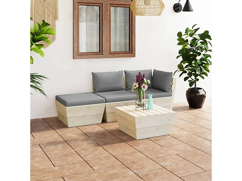 Muebles de jardín de palets 4 piezas y cojines madera de abeto