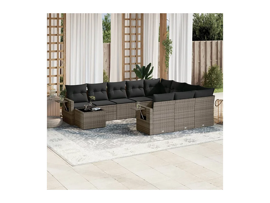 Set de sofás de jardín 11 piezas y cojines ratán sintético gris