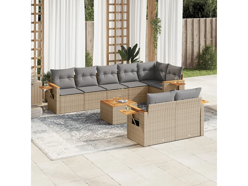 Set de sofás de jardín 9 piezas con cojines ratán sintético beige