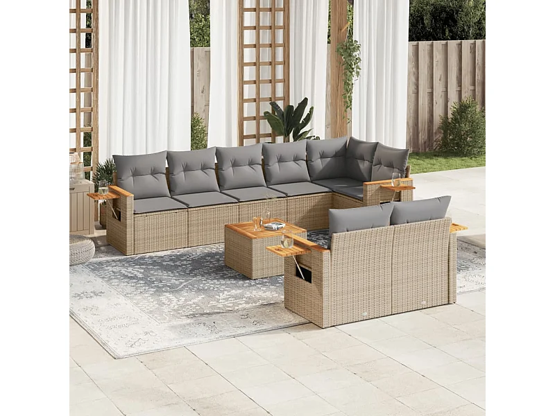 Salon de jardin avec coussins 9 pièces beige résine tressée