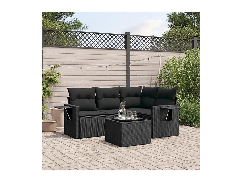 Salon de jardin 5 pièces avec coussins noir résine tressée
