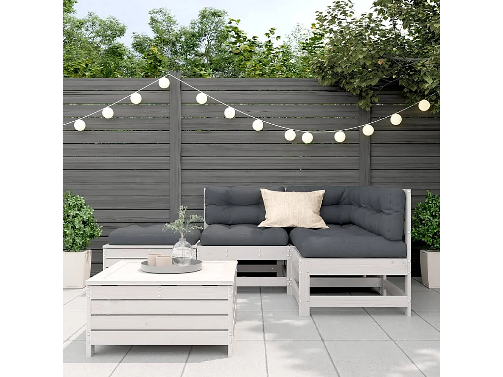 Salon de jardin 5 pièces avec coussins blanc bois massif de pin