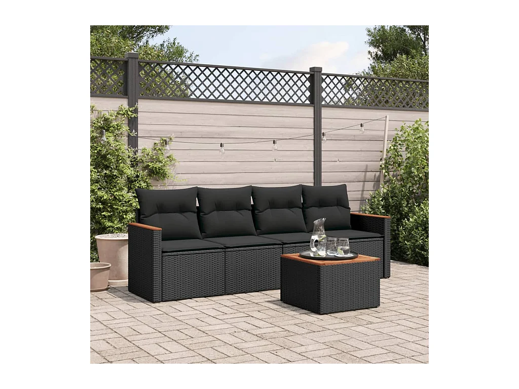 Salon de jardin 5 pièces avec coussins noir résine tressée