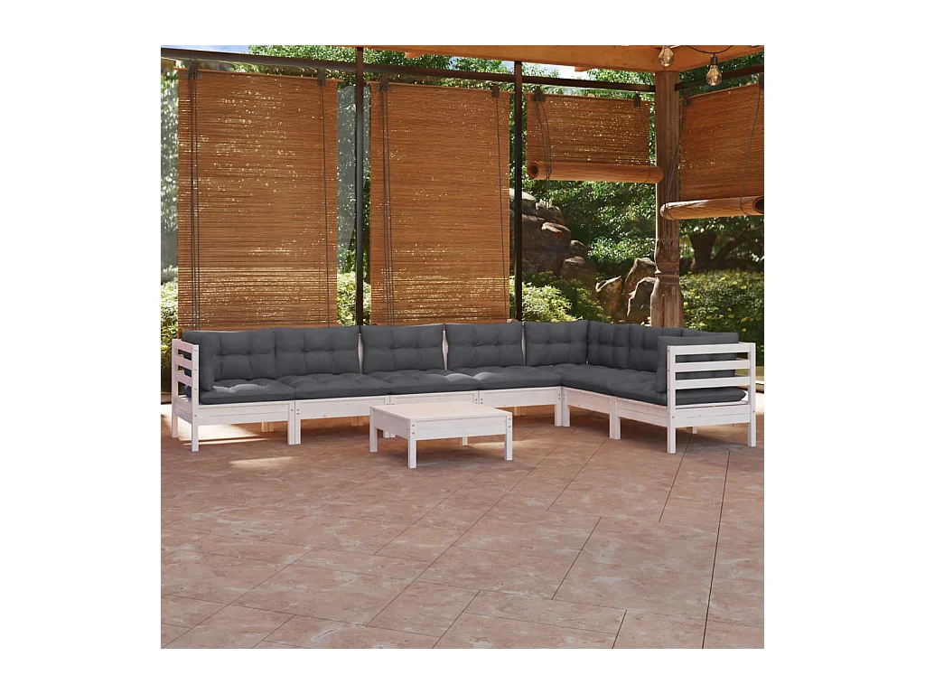Salon de jardin 8 pièces avec coussins blanc bois de pin solide