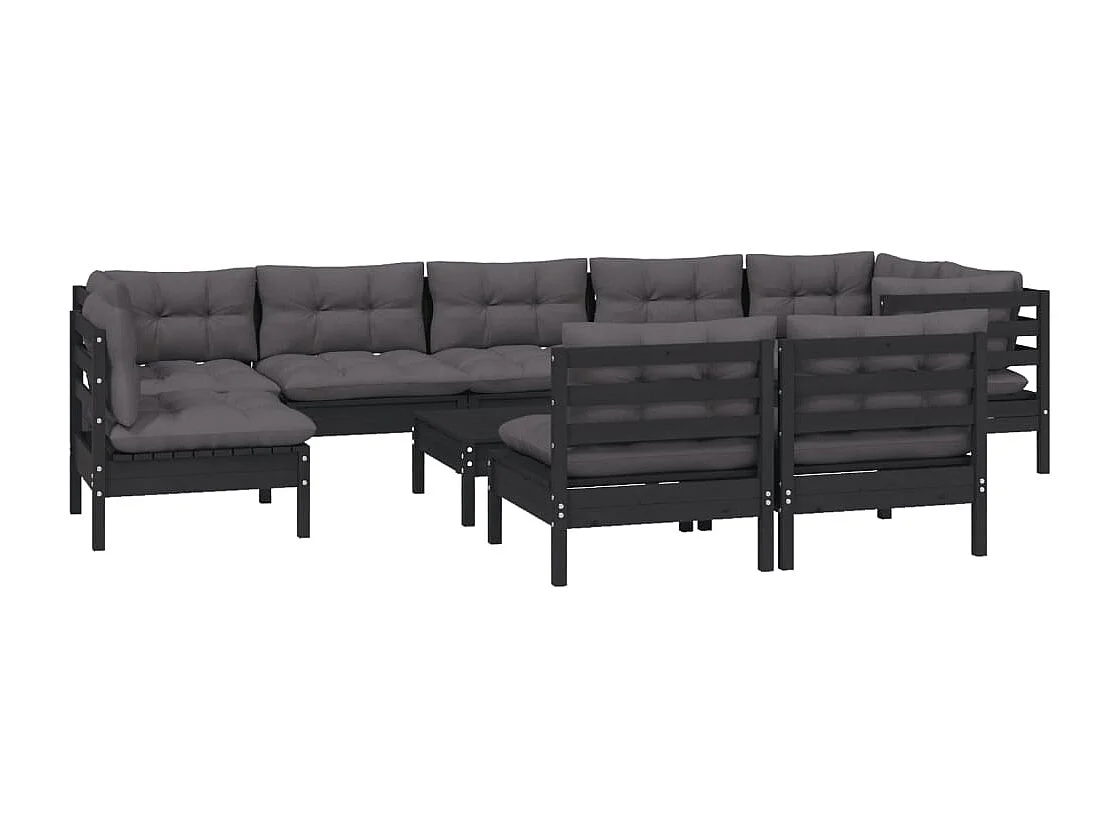 10 peças conjunto lounge jardim c/ almofadões pinho maciço preto