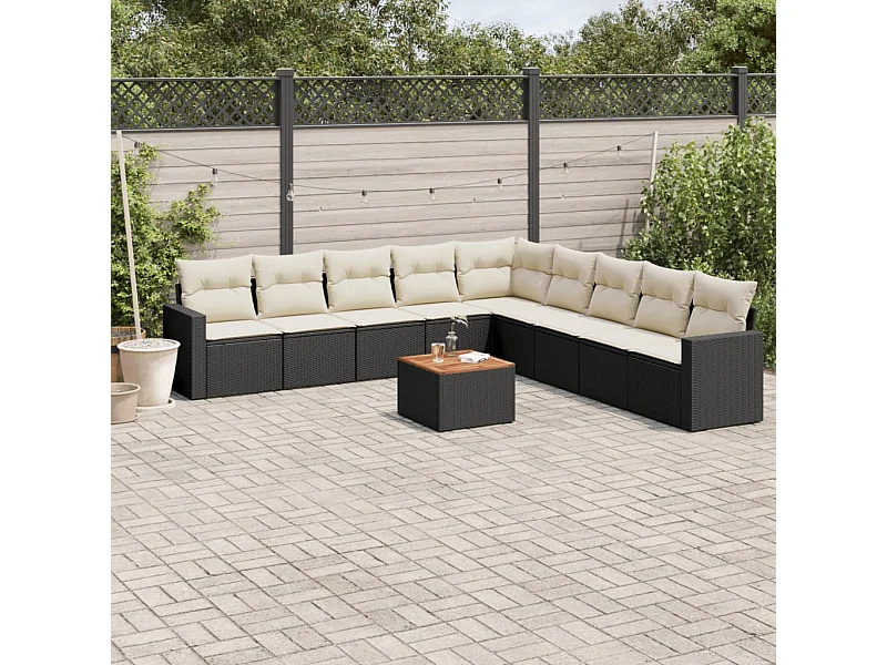 10-delige Loungeset met kussens poly rattan zwart