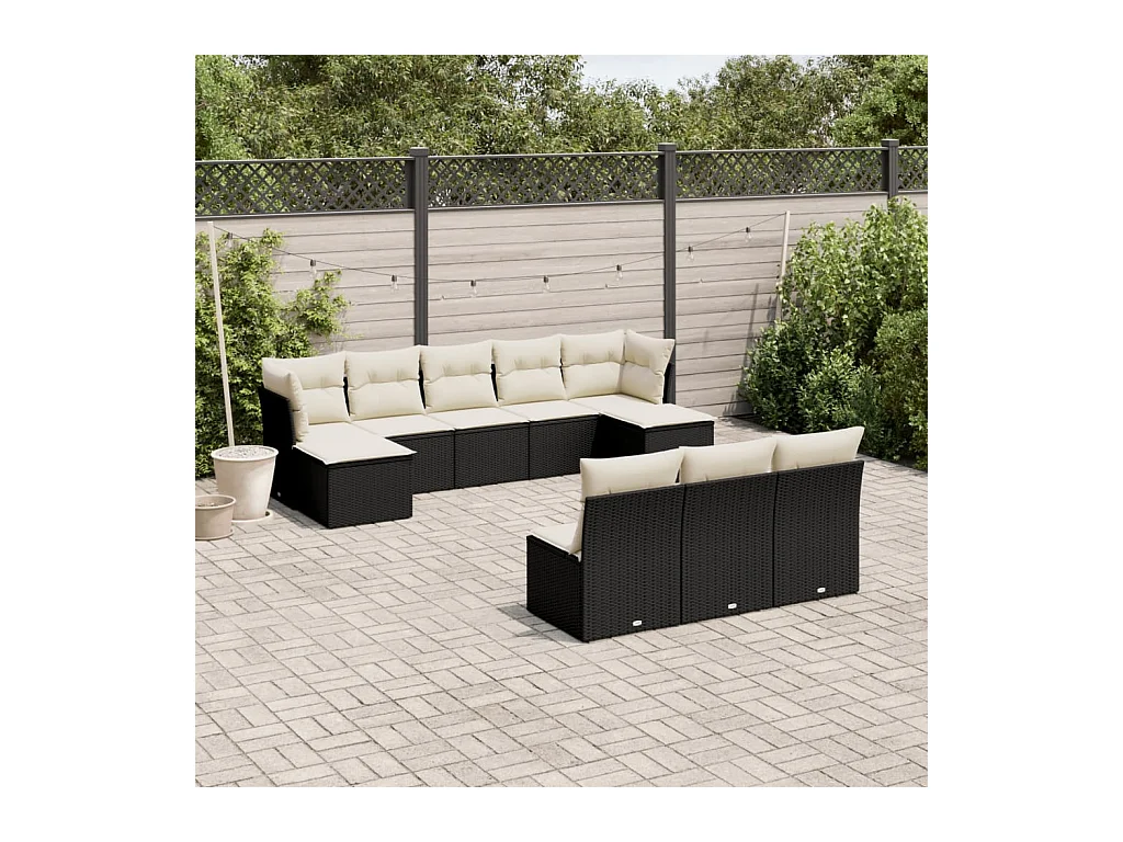 Salon de jardin 10 pièces avec coussins noir résine tressée