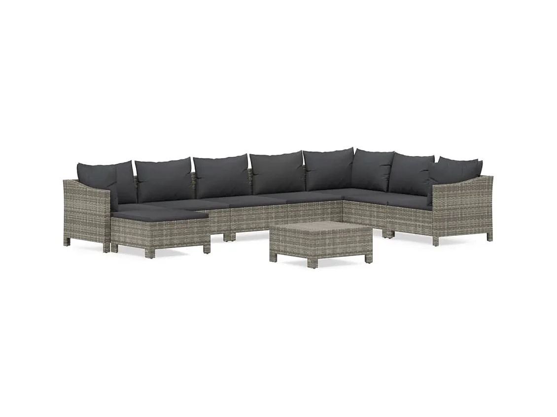 9-delige Loungeset met kussens poly rattan grijs