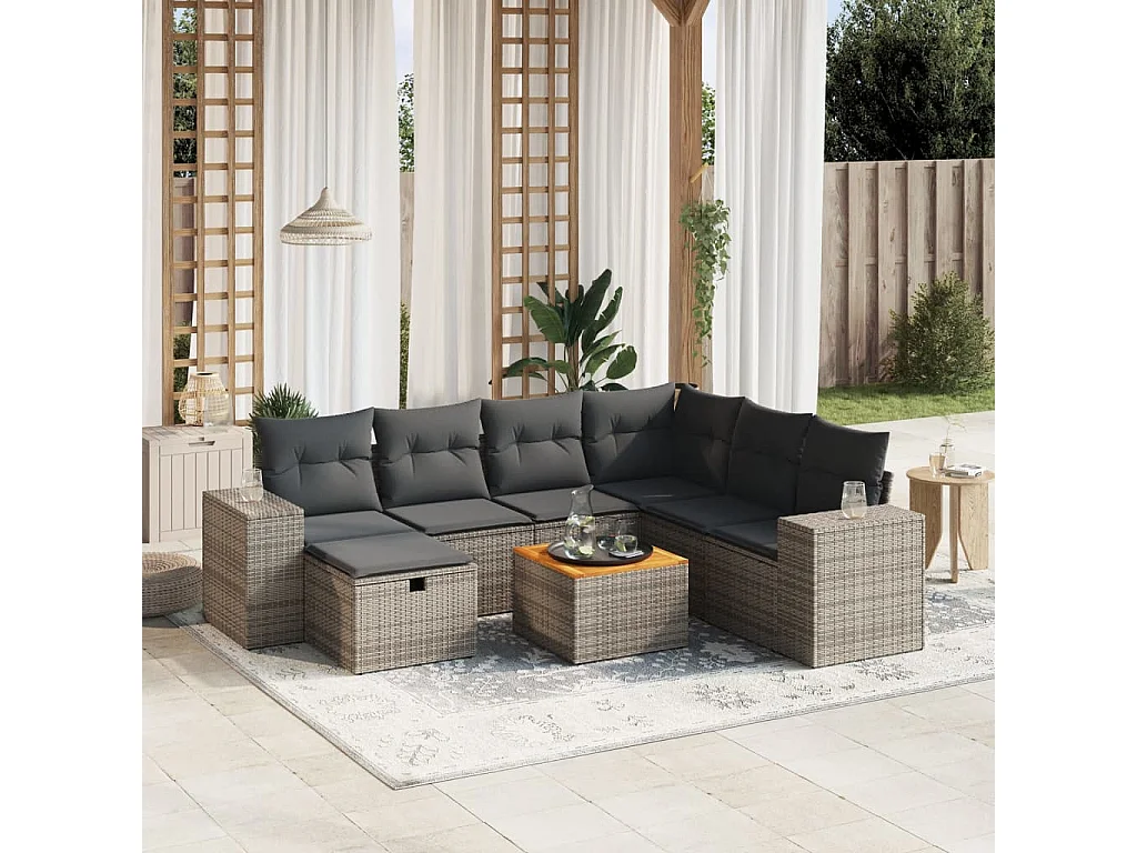 8-delige Loungeset met kussens poly rattan grijs