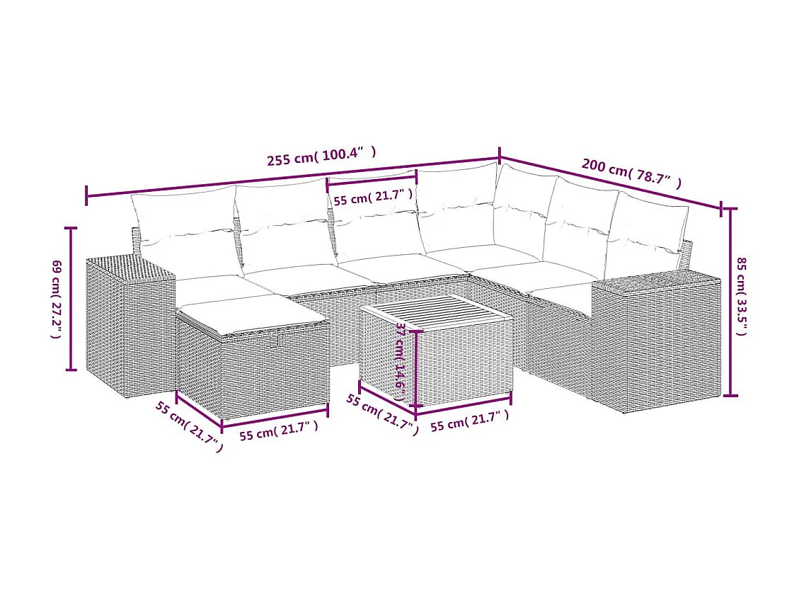 8-delige Loungeset met kussens poly rattan grijs