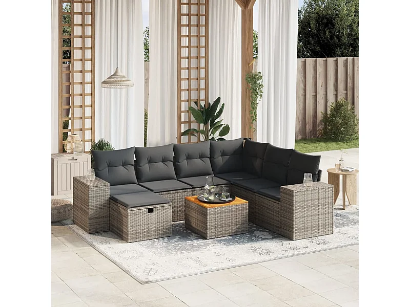 8-delige Loungeset met kussens poly rattan grijs